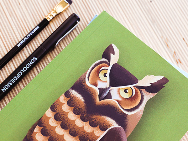 Illustrated horned owl on an olive green background