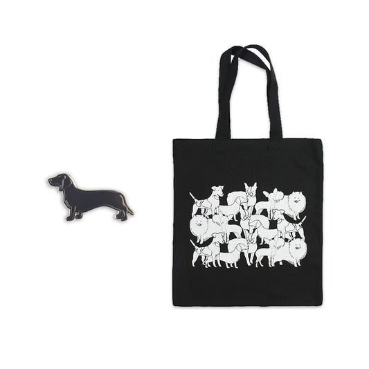 black enamel daschund pin and 14 x 15" 100% cotton black tote with several illustrations of different dog breeds mixed together in white