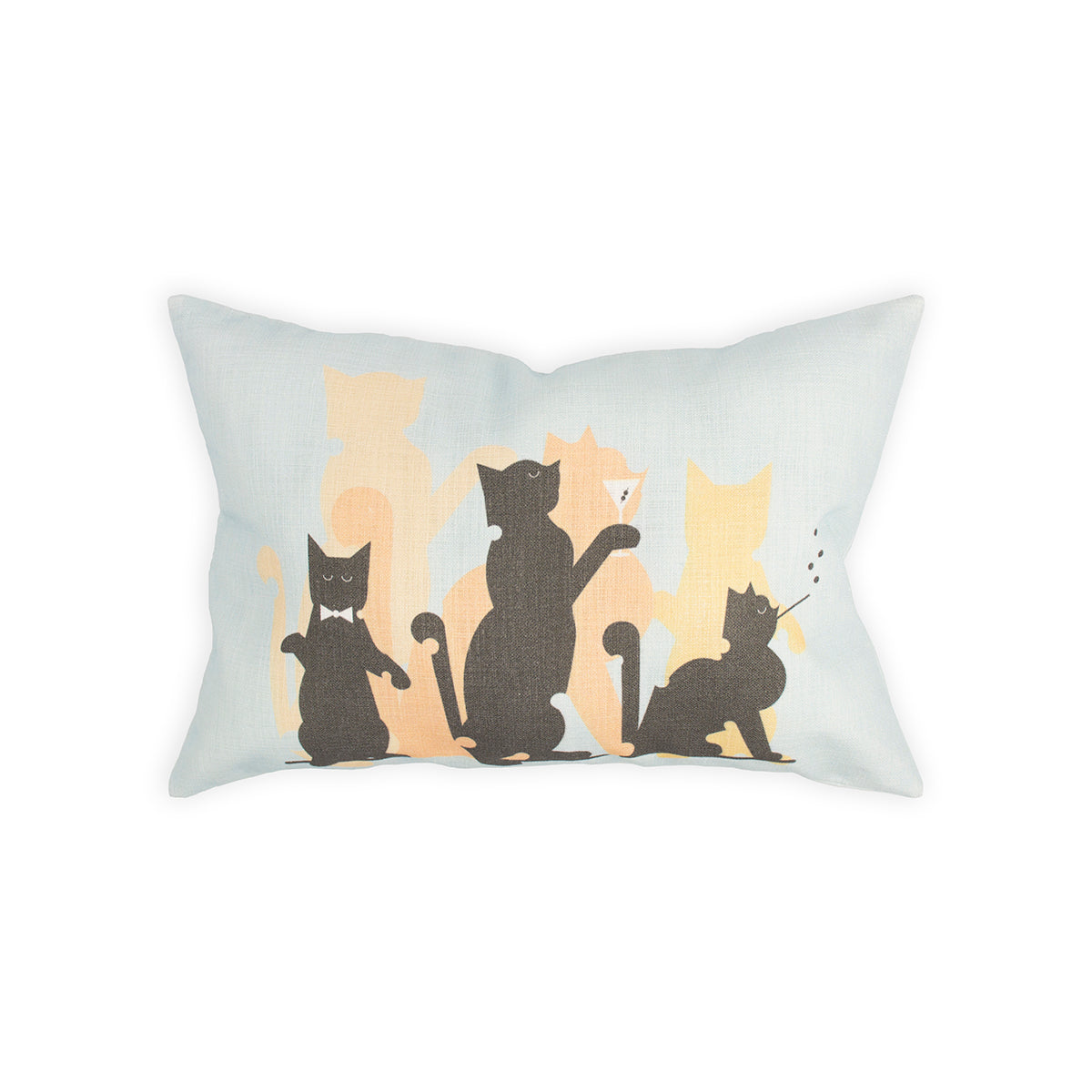 14" x 20" 100% cotton pillow cover in light grey featuring three silhouettes of cats in black and shades of orange