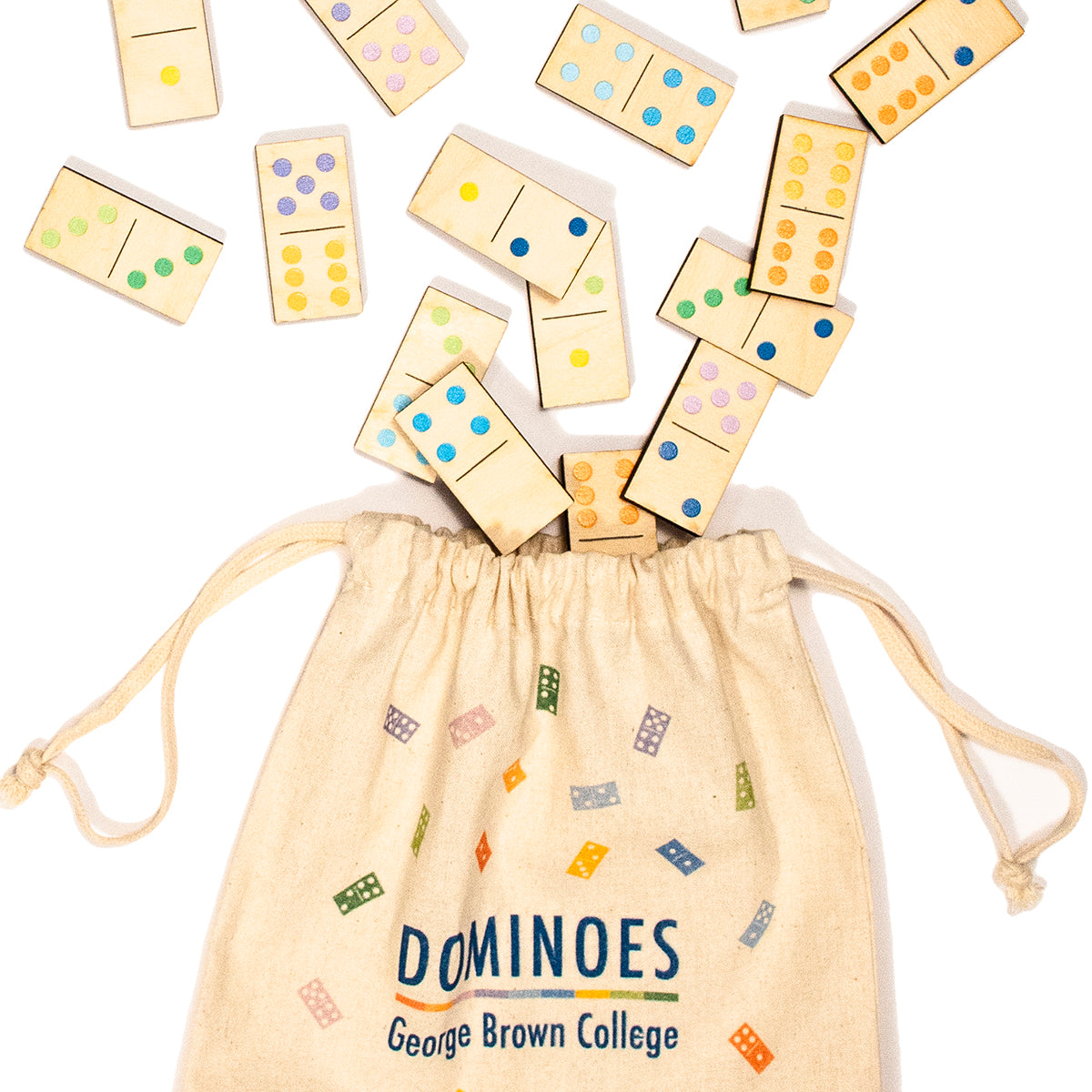 wooden dominos with 100% cotton drawstring bag featuring George Brown College Dominoes text