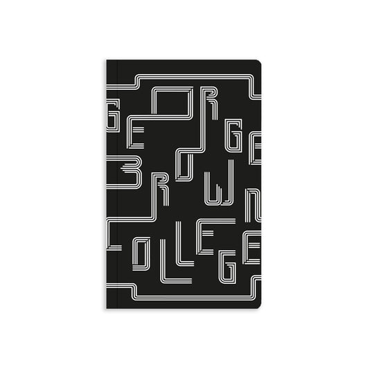 Black and white notebook cover with circuit board style typography spelling George Brown College