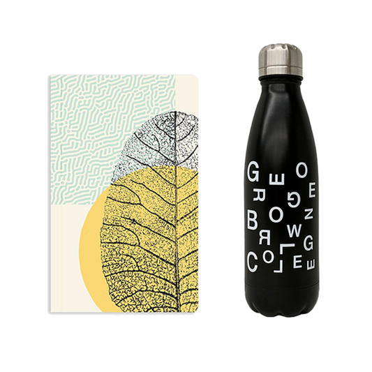 bundle featuring 5" x 8.25" soft cover beige notebook with black flat lay leaf in stamped texture, yellow circle and blue pattern in the background and black stainless steel insulated water bottle with george brown college scattered text