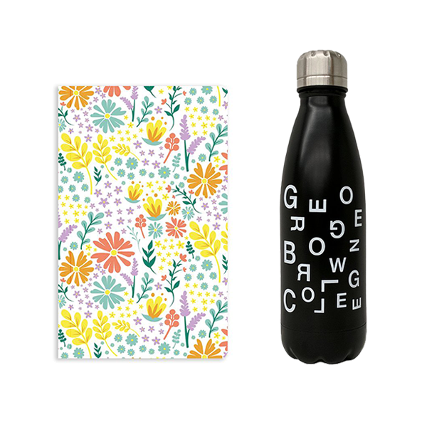 bundle of a 5" x 8.25" soft cover notebook with full cover multicoloured flower illustrations and black stainless steel insulated water bottle with george brown college scattered text
