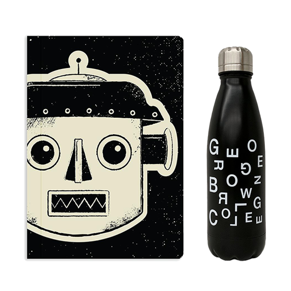 a bundle featuring 7.25" x 10" soft cover black notebook with large robot illustration in beige and black and black stainless steel insulated water bottle with george brown college scattered text