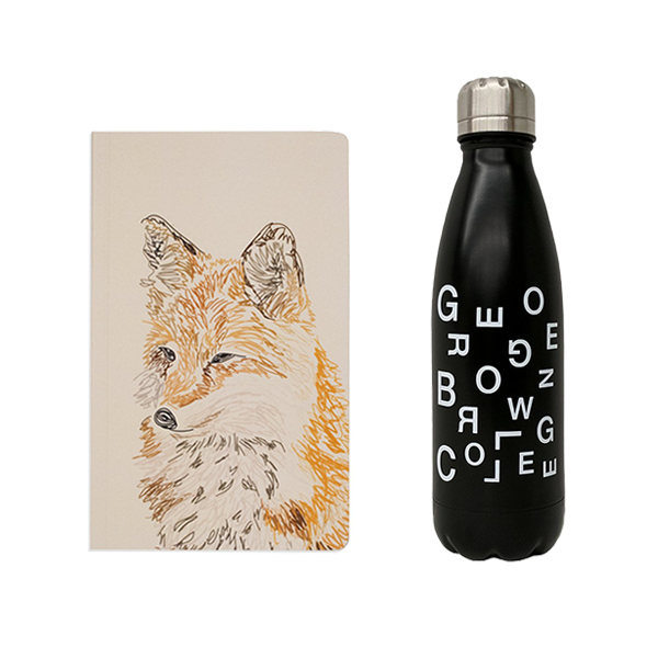 bundle featuring black stainless steel george brown college water bottle and 5" x 8.25" soft cover notebook in beige featuring large hand sketched illustration of a fox in the middle