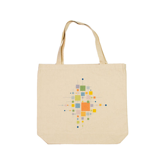 100% cotton beige tote with abstract geometric  pattern in shades of yellow, orange, blue, purple and green