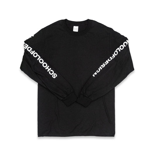 black cotton long sleeve shirt with school of design white text on the sleeves