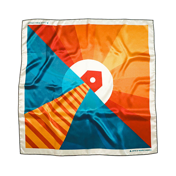 Silk bandana featuring lighthouse, sunset, and path through blue water.