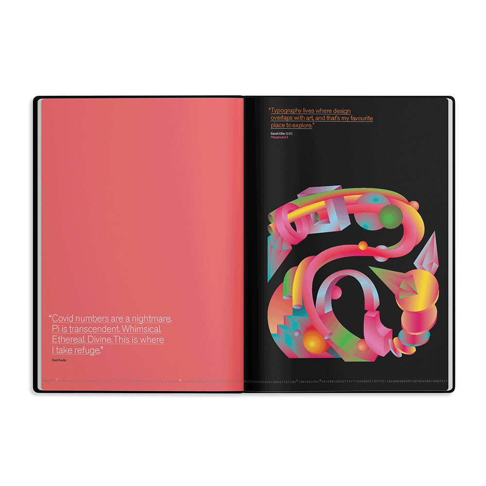open book with red page on left and black page on right showcasing the number 2 in a gradient typographic exploration
