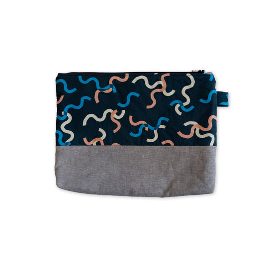 100% cotton colour block zip case in grey and navy with overlapping noodle illustrations in shades of orange, beige and blue