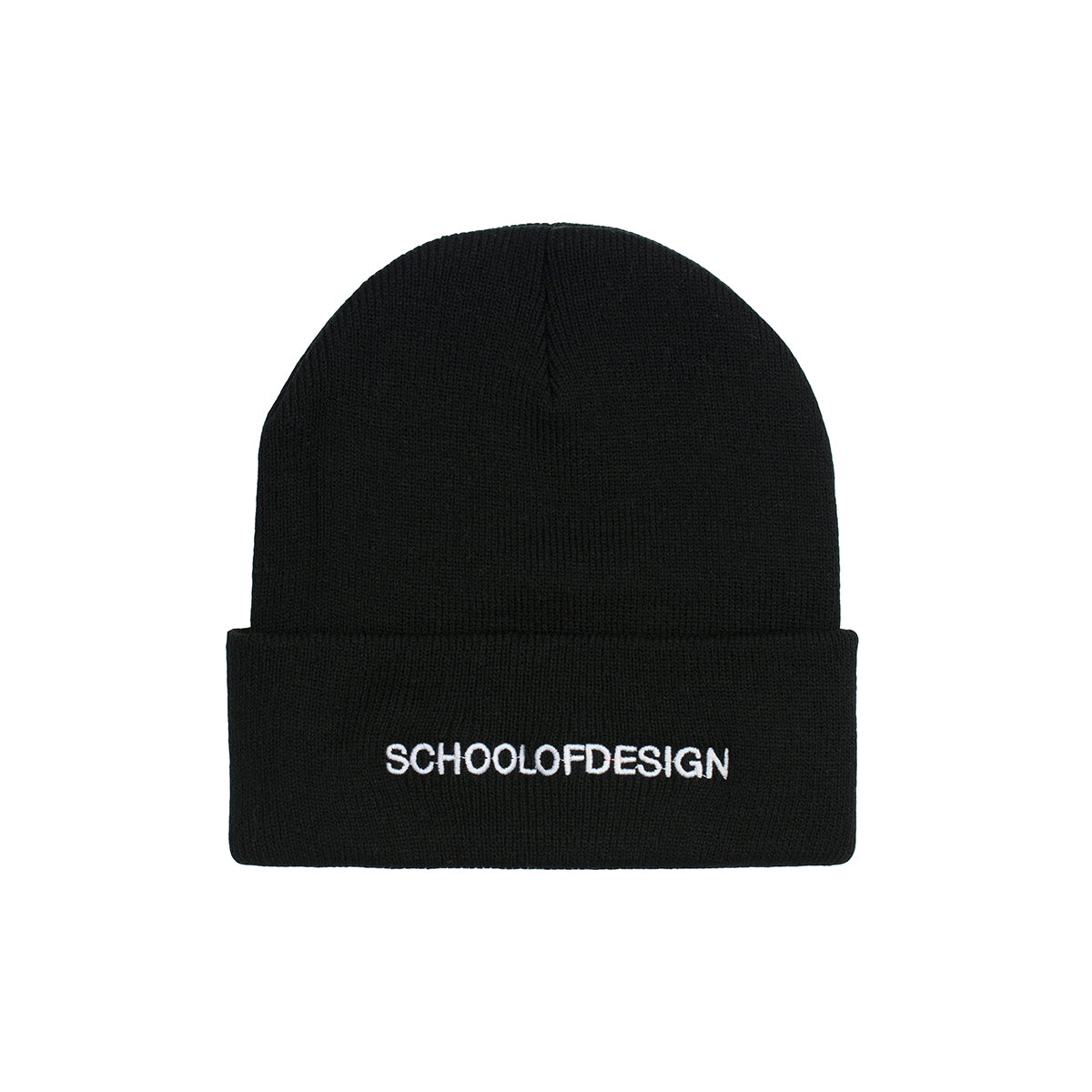 black toque with school of design embroidered text in white