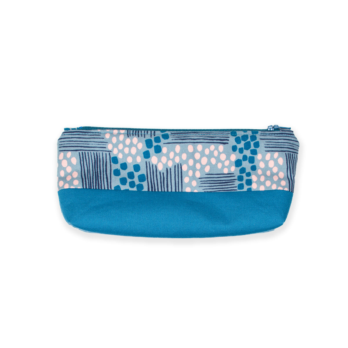 100% cotton pencil case featuring abstract lines and dots representing fields in various shades of blue
