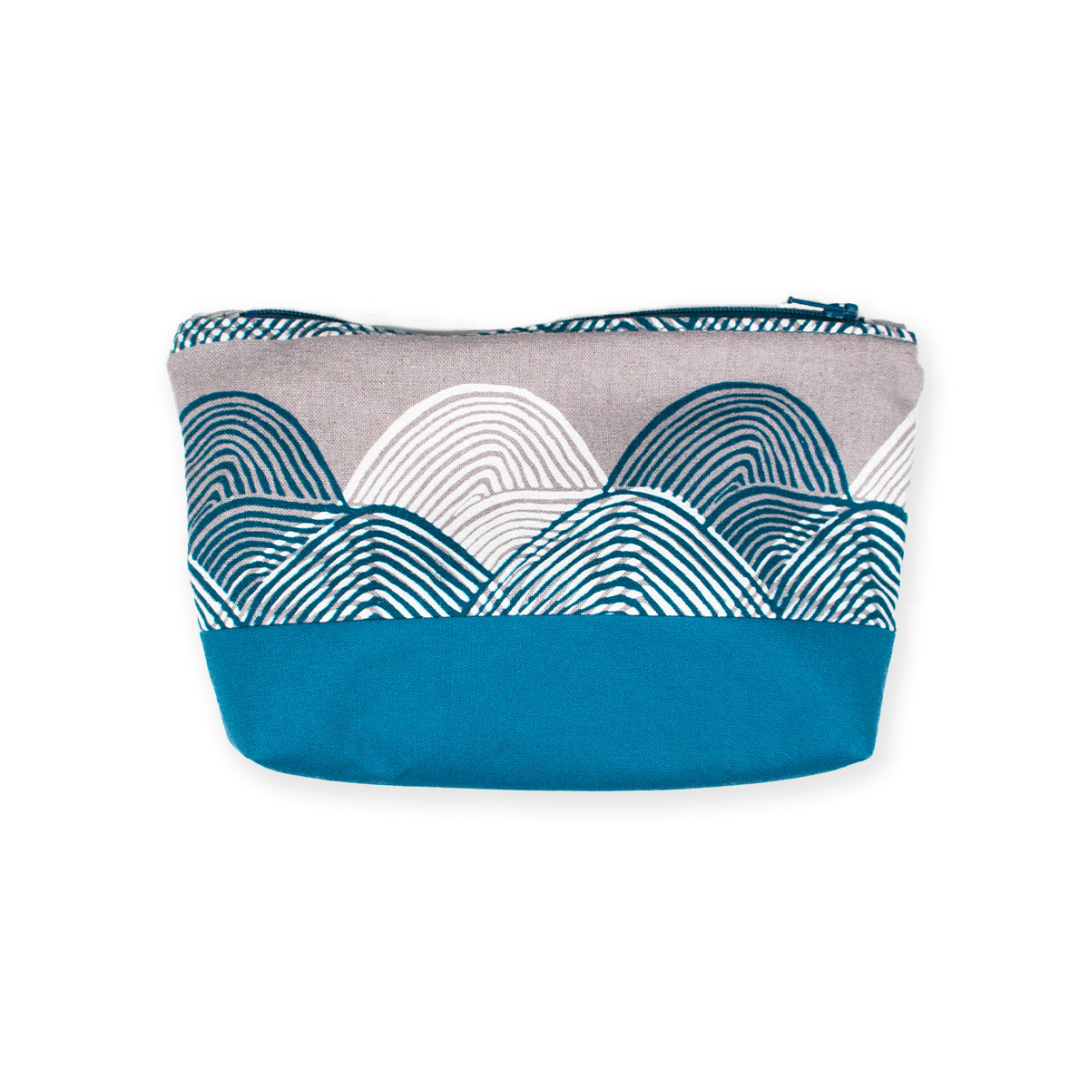 100% cotton zip case featuring abstract line drawing mountains in white and blue