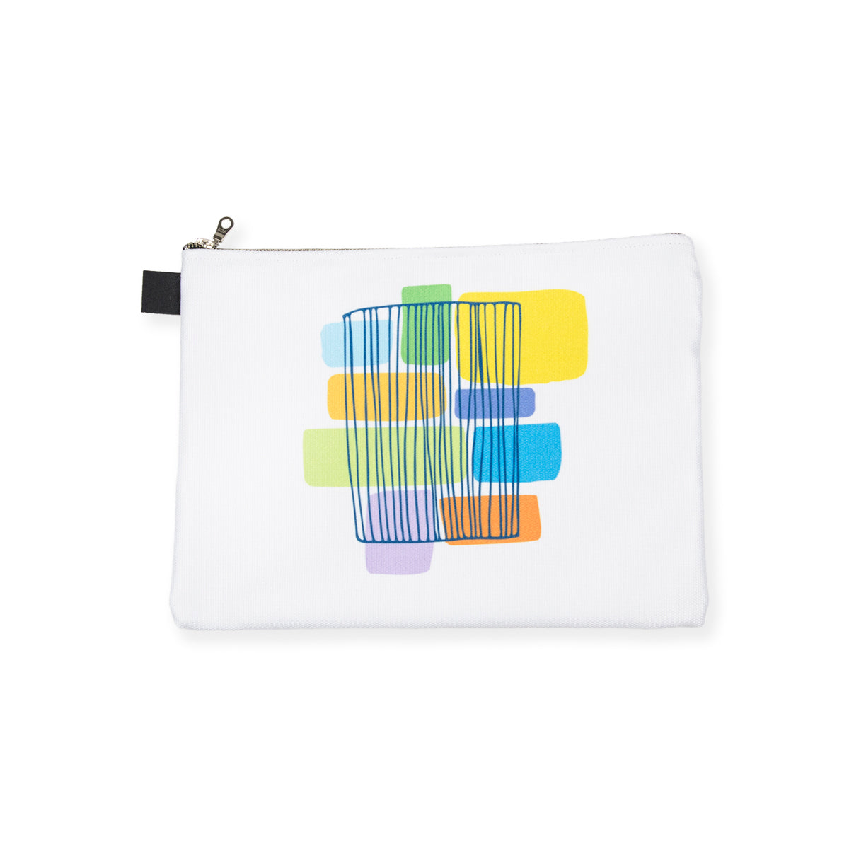 14" x 10.5" canvas zip pouch with abstract rectangular graphic in shades of yellow, green, orange, blue and purple