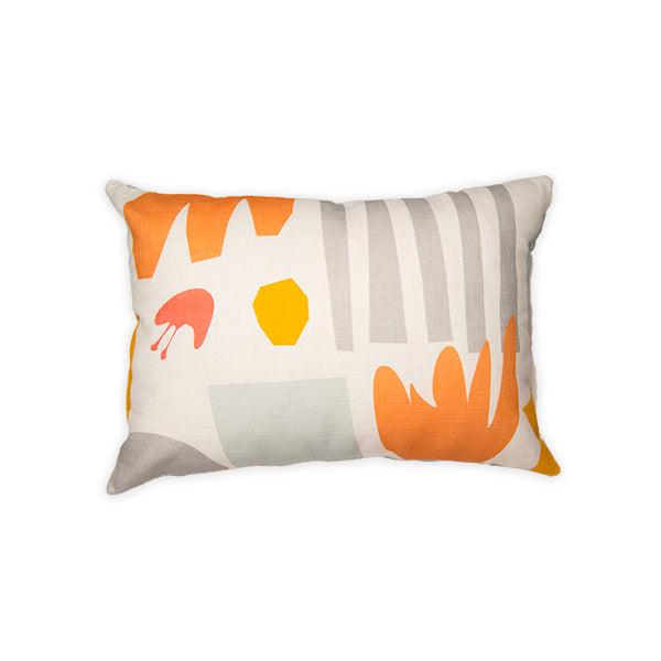 14" x 20" 100% cotton pillow case inspired by henri matisse with various abstract shapes in shades of orange, grey and yellow