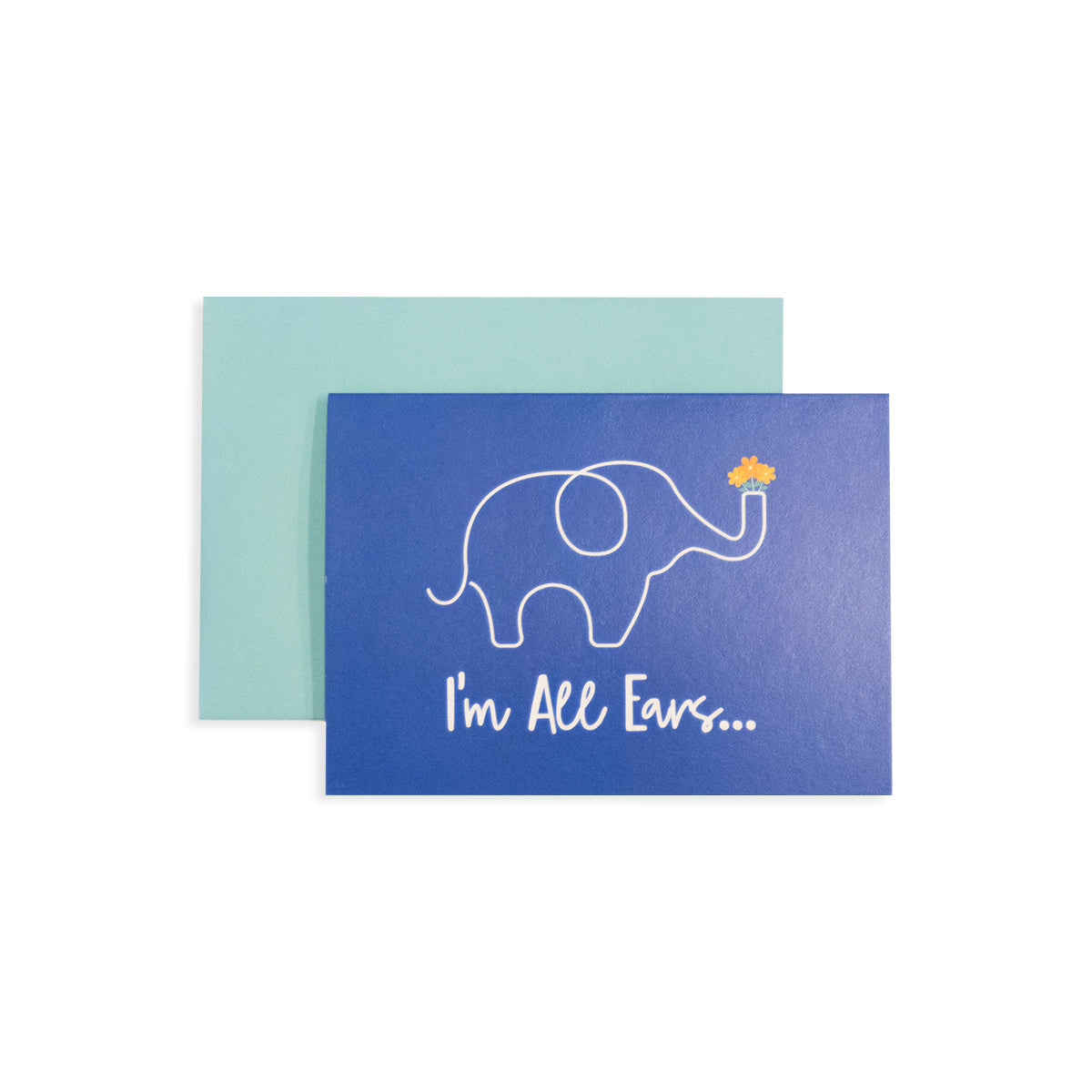 4 1/2" x 6 1/4" blue greeting card with fine line illustration of an elephant and i'm all ears text