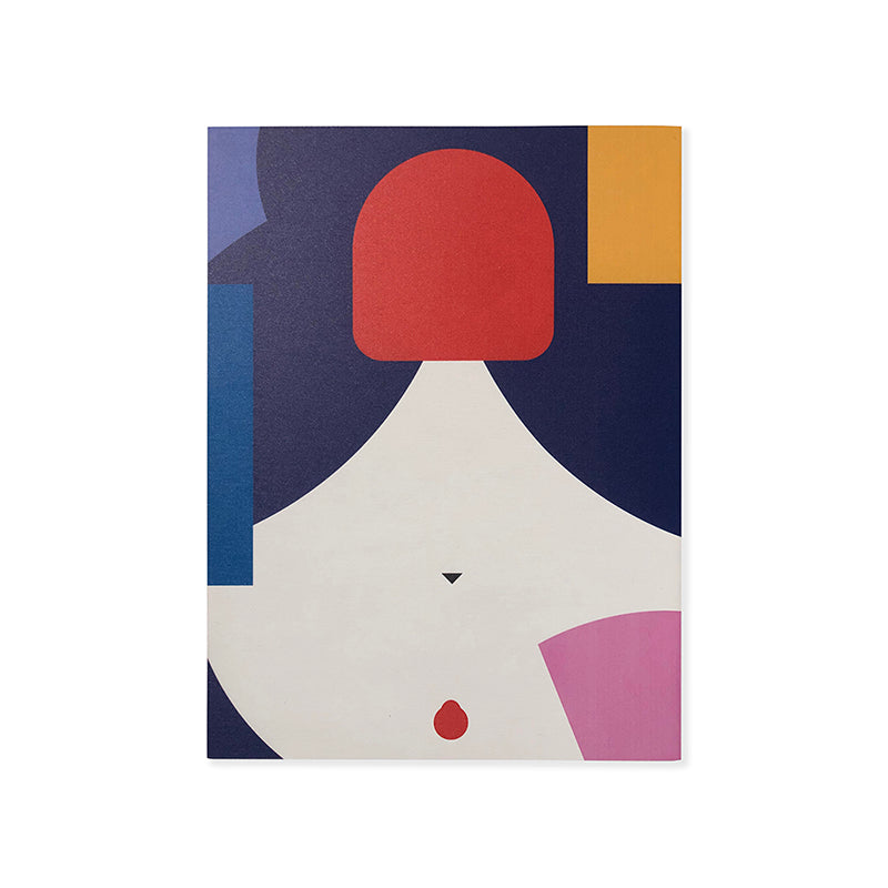 12 x 16" sustainable wood print, 1" thick, with abstract female illustration in shades of white, blue, orange, red and pink