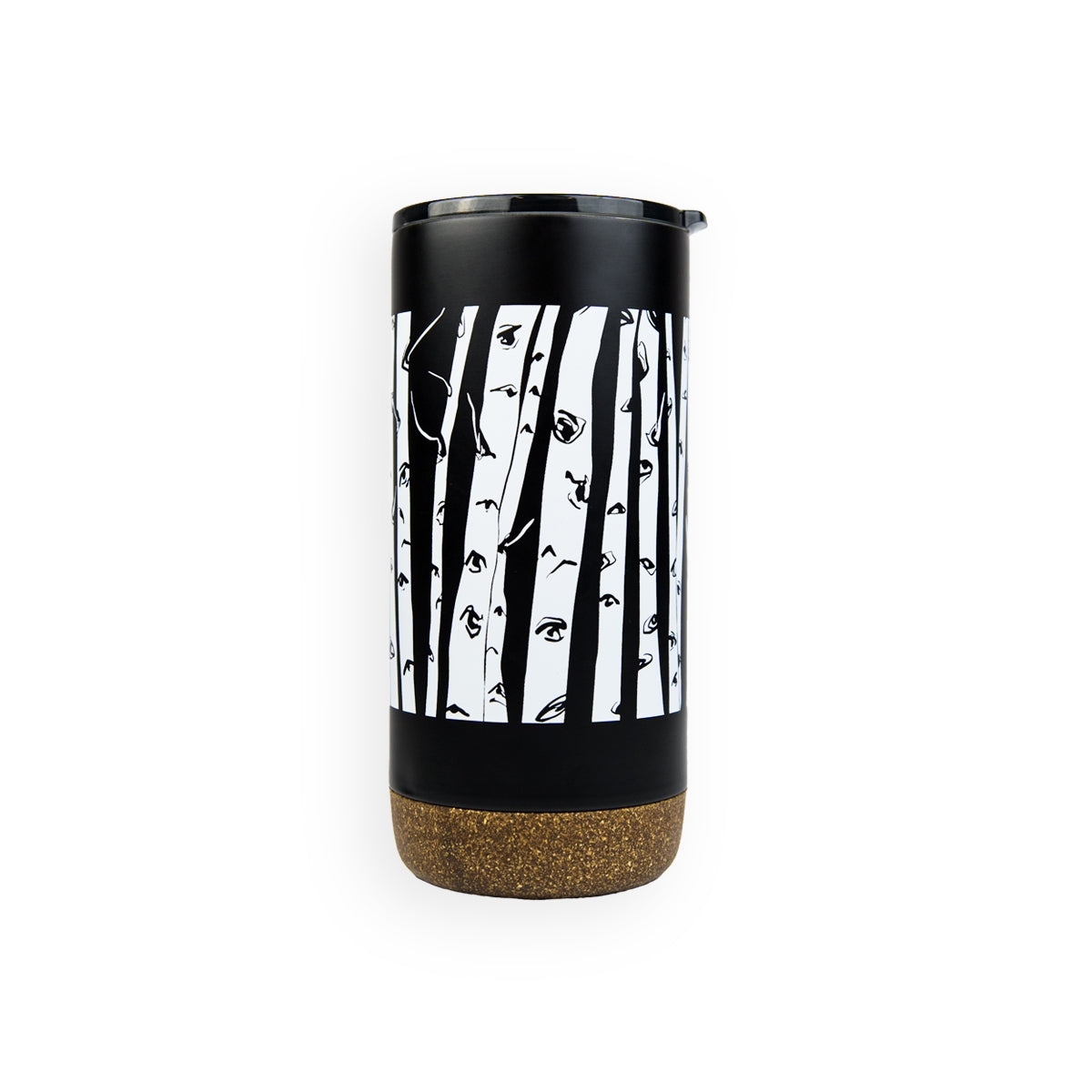 black stainless steel travel mug with unique birch illustration in white