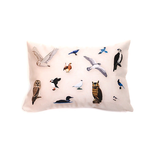 beige pillow with illustrations of the provincial birds of canada