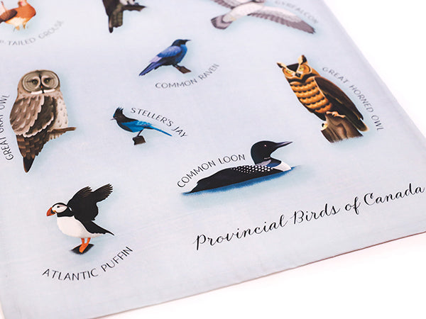 towel with illustrations of the provincial birds of canada