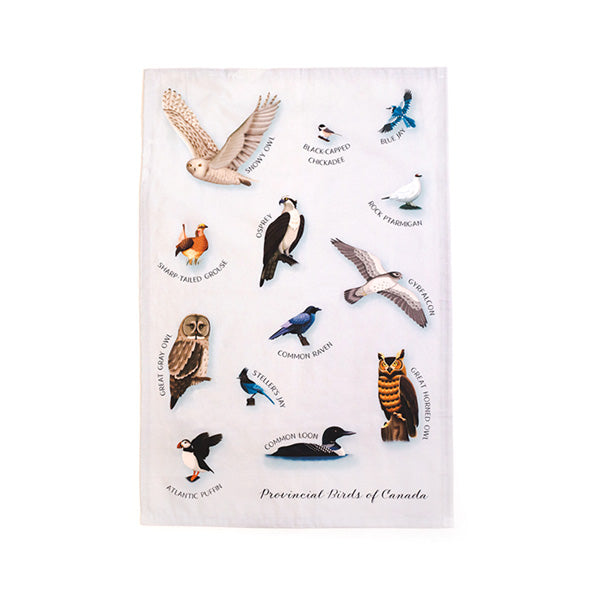 towel with illustrations of the provincial birds of canada