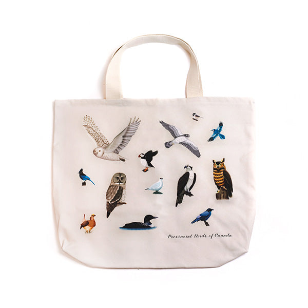wide beige bag with illustrations of the provincial birds of canada