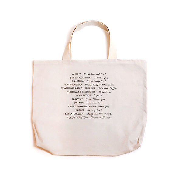 wide beige bag with names of Canadian provinces & their associated provincial bird