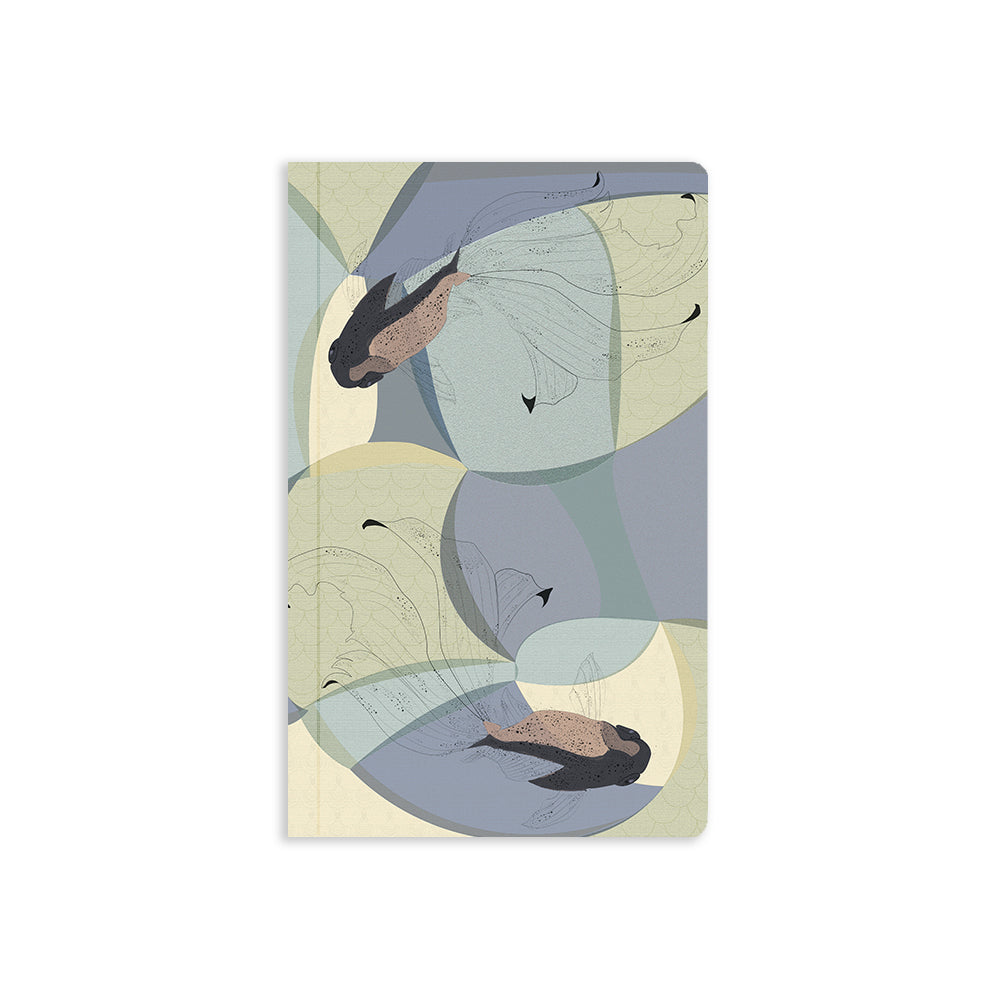 5" x 8.25" soft cover notebook with abstract light green, blue and purple lines and an illustration of two koi fish