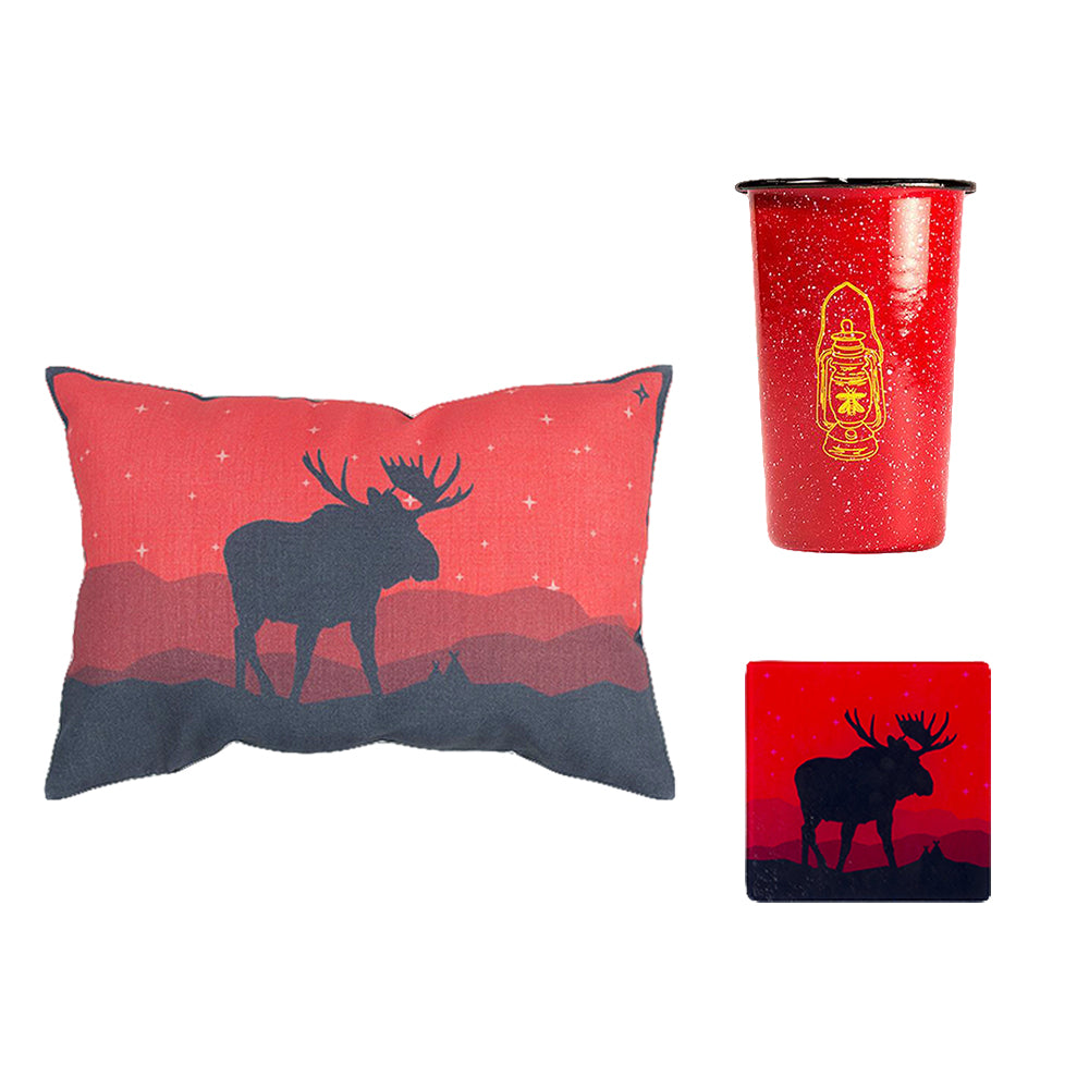 bundle featuring 100% cotton pillow case, and heat resistant tempered glass trivet with red background and moose silhouette in black & red enamel travel tumbler 