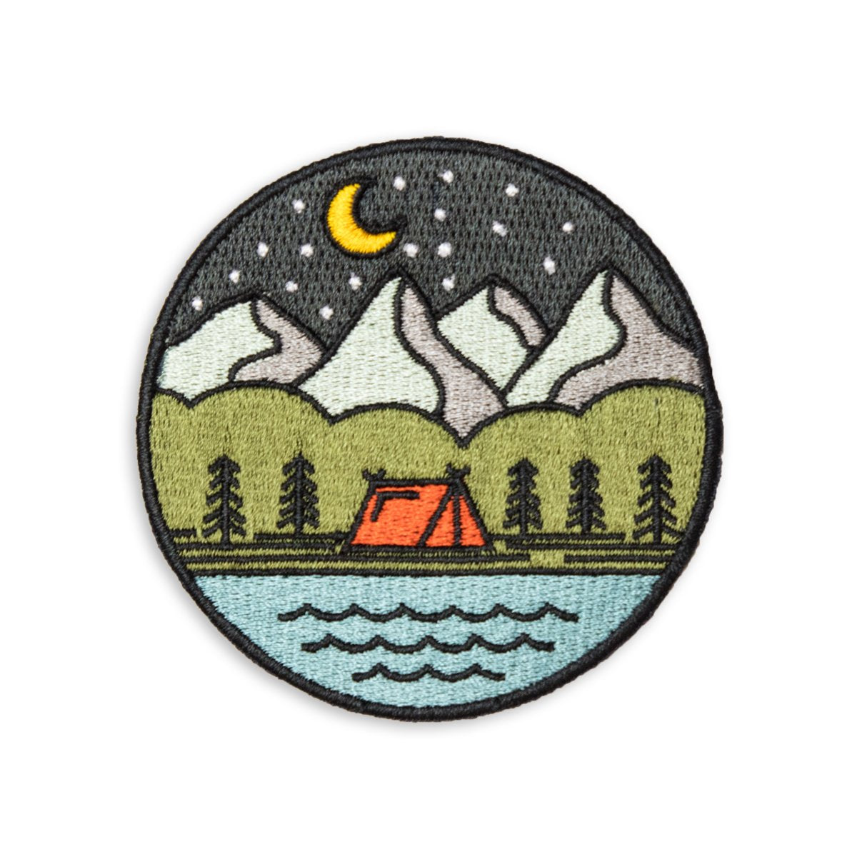 3" x 3" embroidered patch showcasing a tent with mountains in the background, at night with stars, beside a lake