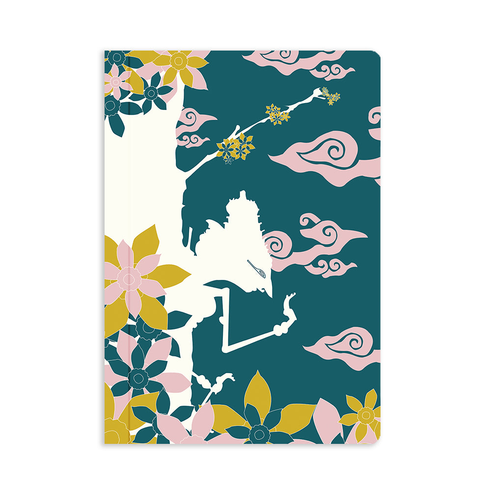 7.25" x 10" soft cover notebook with mystical inspired illustration in shades of dark green, pink, yellow and white