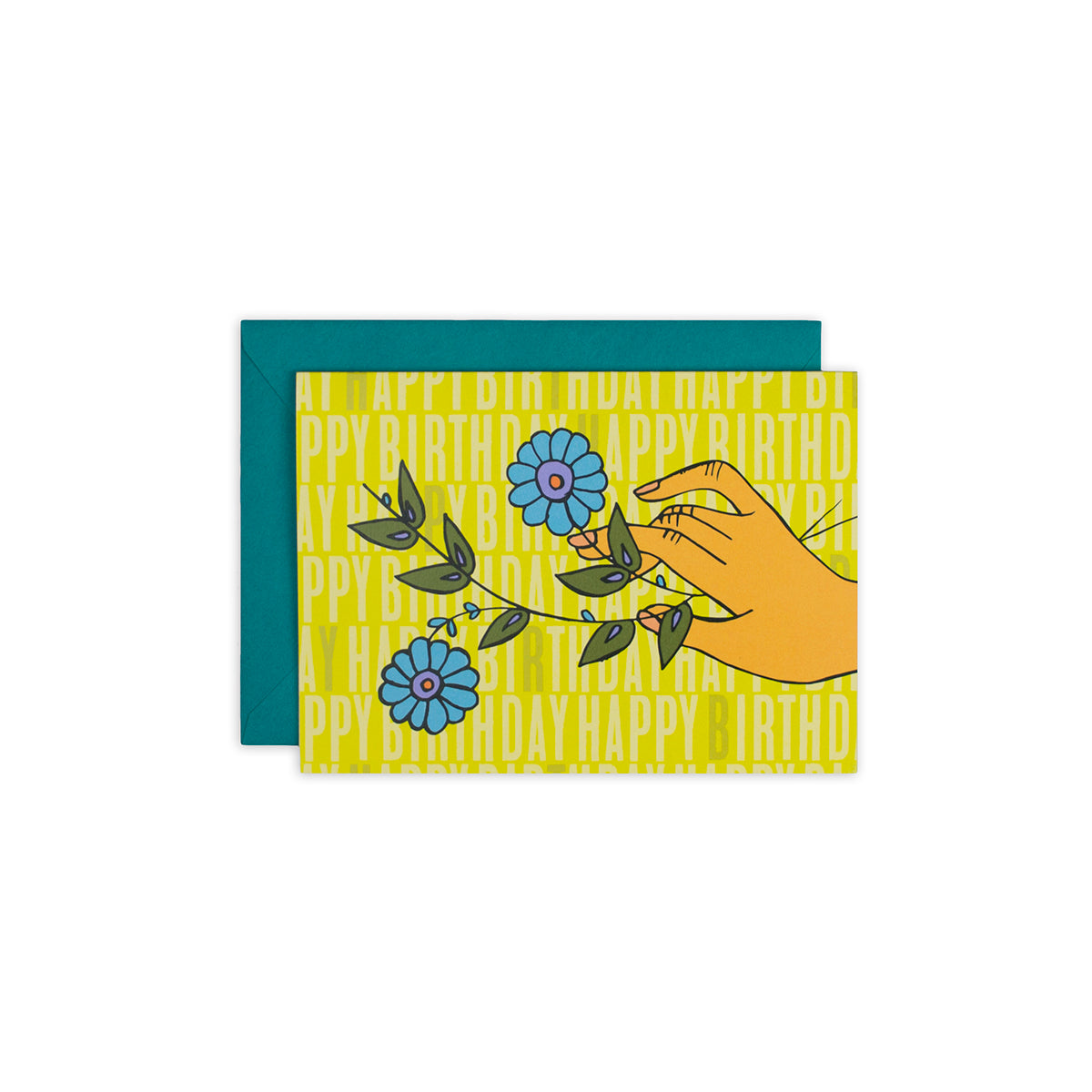 Illustration of hand holding a couple of daisies; 'happy birthday' text pattern in background, in green
