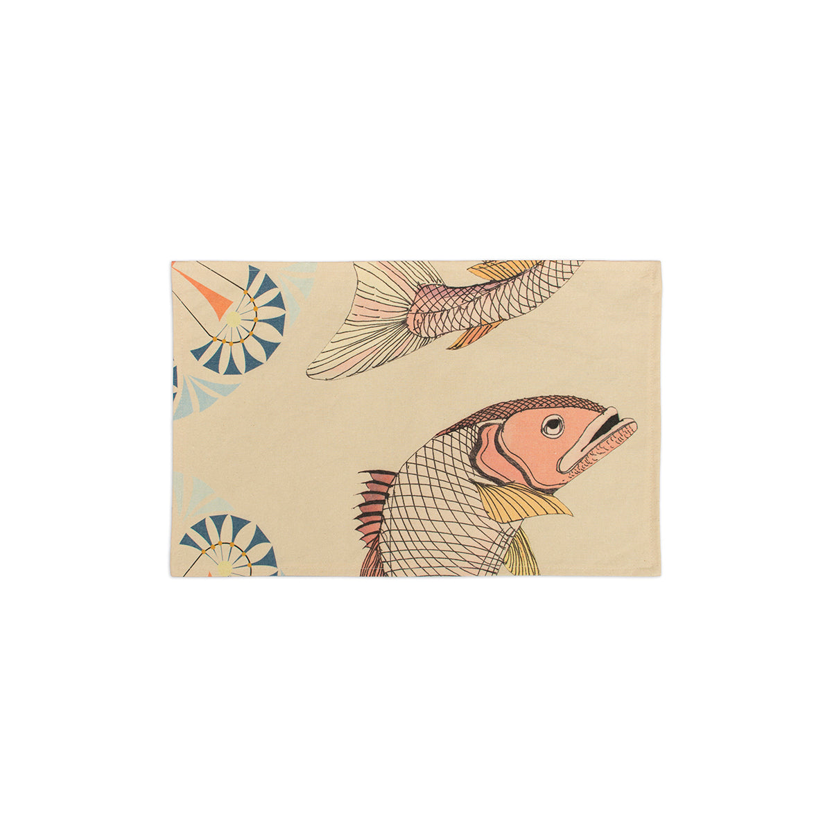 13" x 20" 100% cotton canvas placemat with unique fine line fish illustration pattern