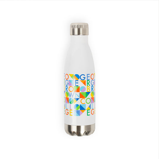 17oz stainless steel water bottle in white with george brown college multicoloured text design wrapped around the bottle