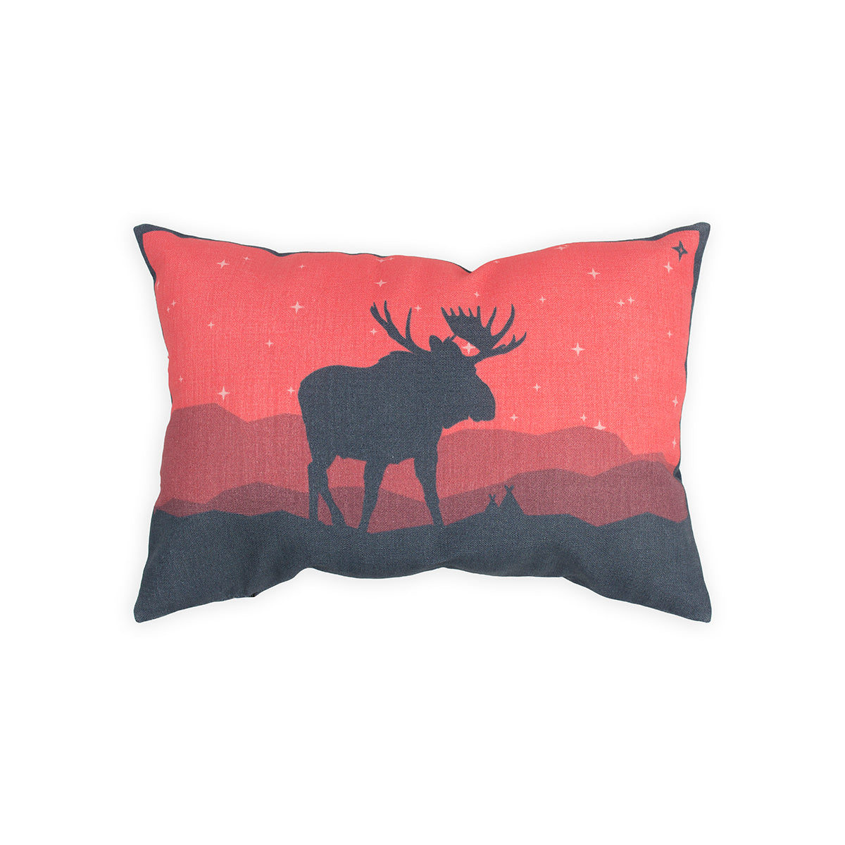 14" x 20" 100% cotton pillow cover featuring a red starry night background and moose silhouette in black