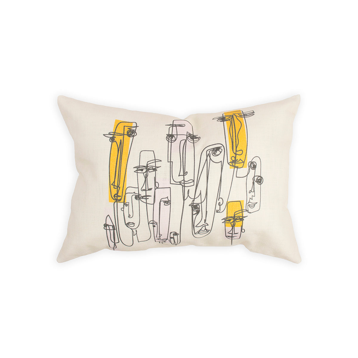 14" x 20" 100% cotton pillow cover featuring abstract face line art with yellow highlighted areas
