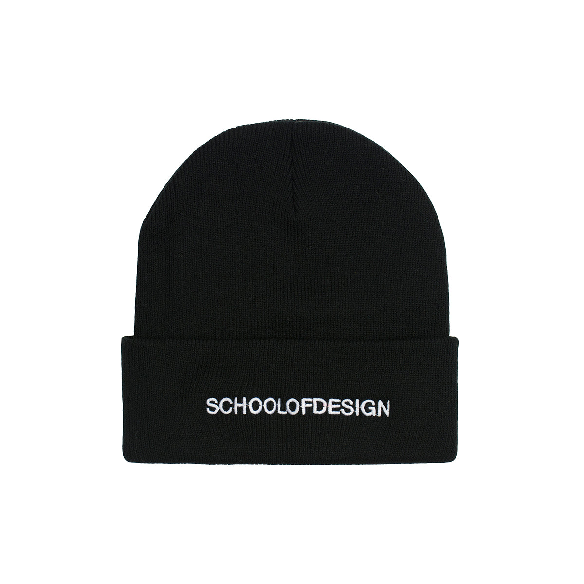 black toque with school of design embroidered text in white 