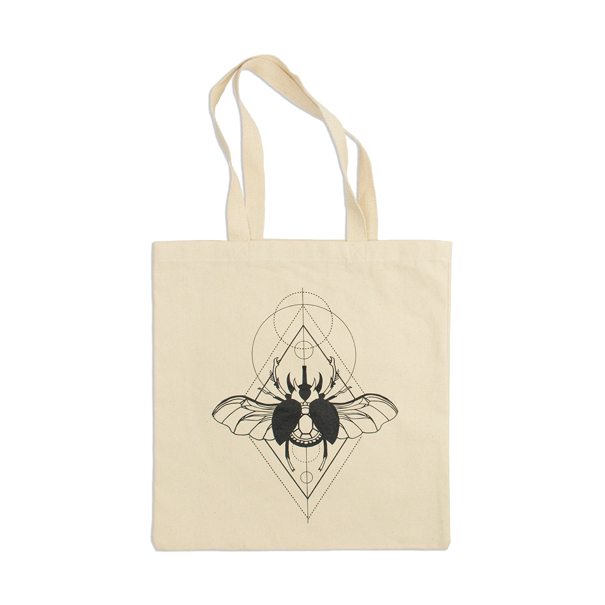 14 x 15" 100% cotton beige tote bag with geometric beetle illustration in the centre in black
