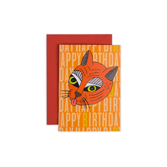 4 1/2" x 6 1/4" student designed happy birthday card with orange background and funky unique orange cat illustration