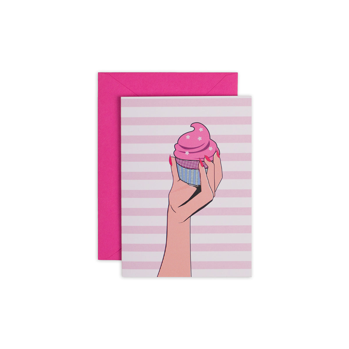 4 1/2" x 6 1/4" greeting card with pink and white stripes, featuring an illustration of a hand holding a cupcake in a pop art type style