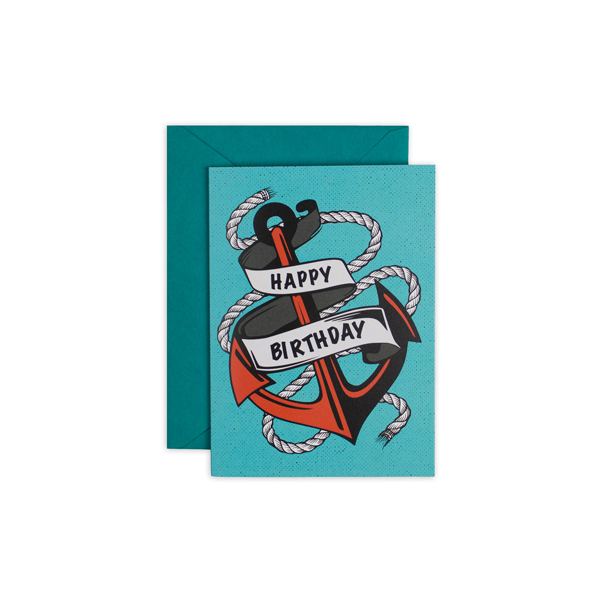 4 1/2" x 6 1/4" teal happy birthday card featuring an anchor illustration with rope and happy birthday text