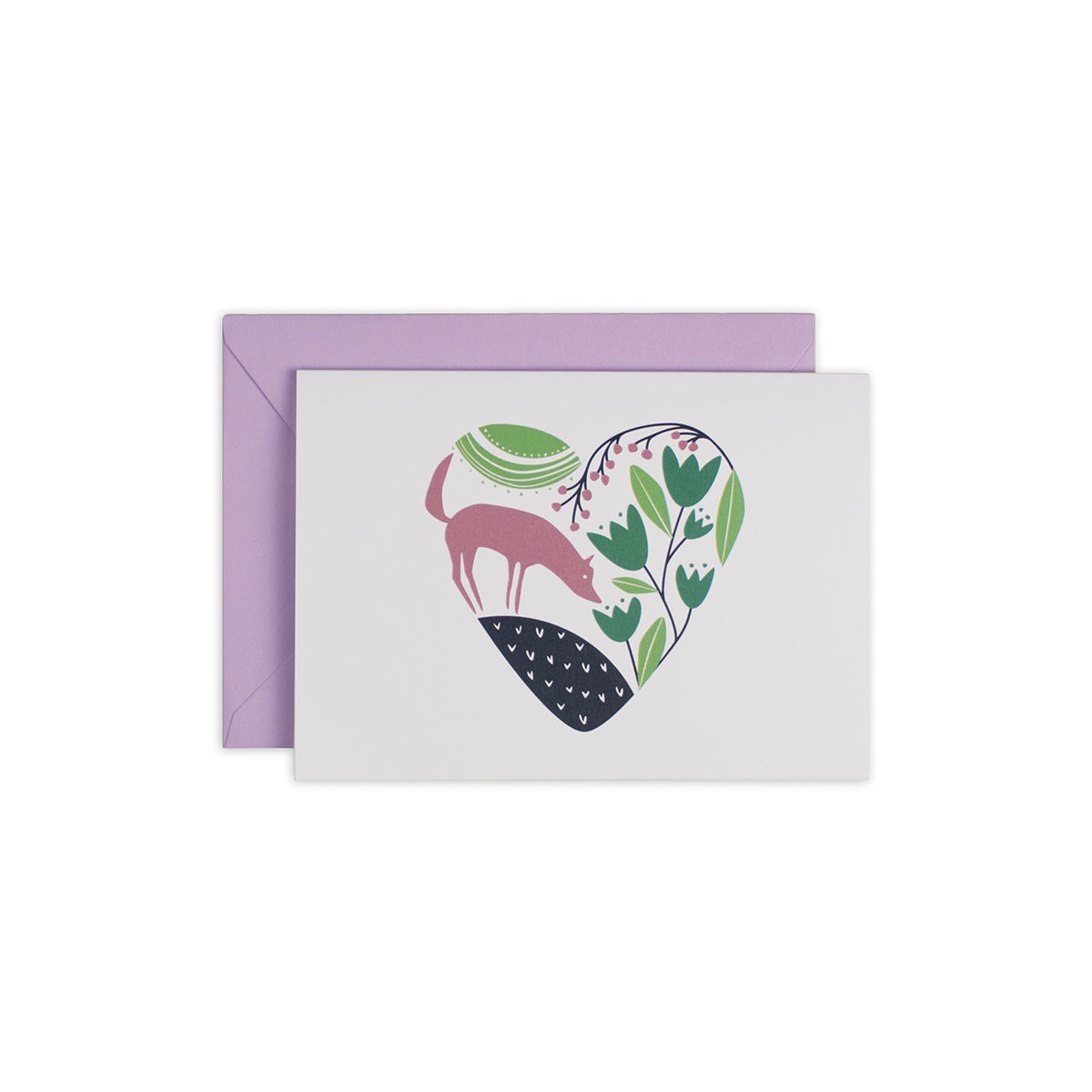 forest elements (fox, leaves, flowers) contained in a heart shape on a white card