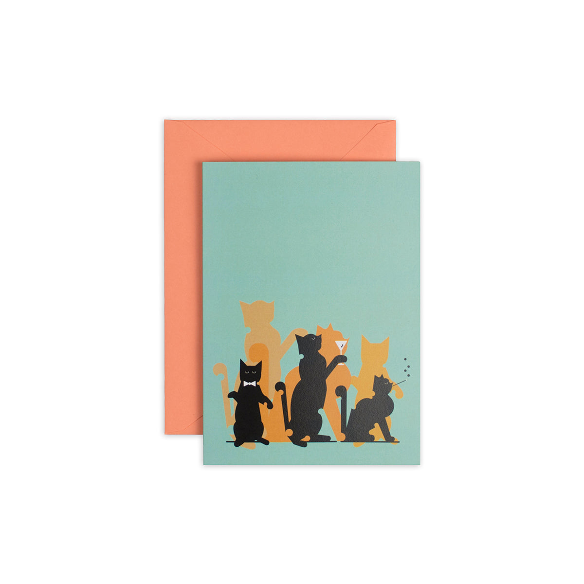 4 1/2" x 6 1/4" light blue greeting card featuring three silhouettes of cats in black and shades of orange