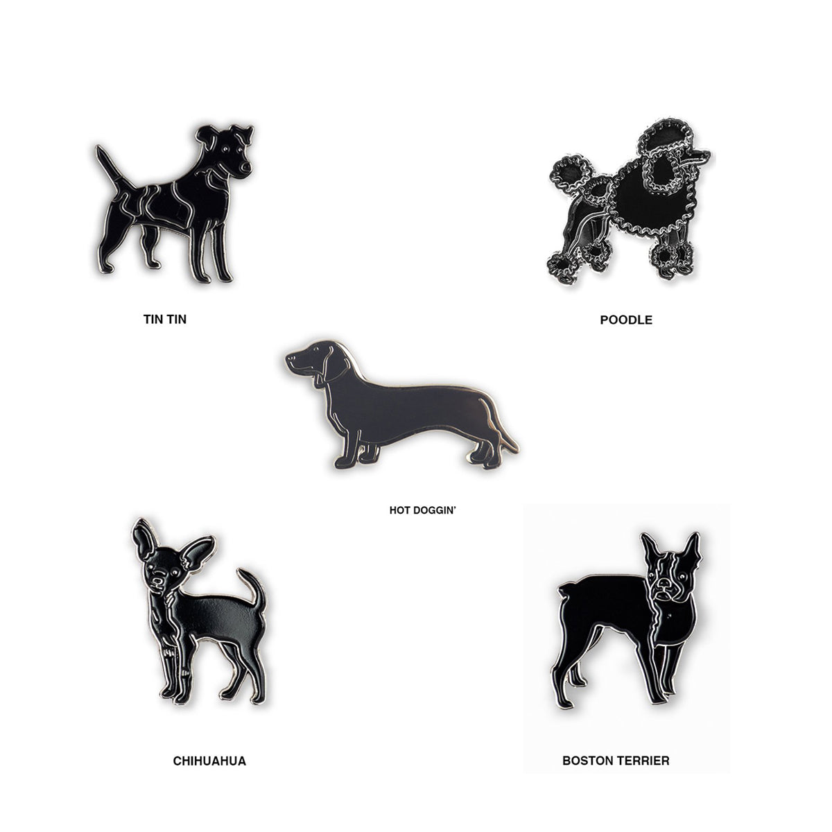 bundle including 5 dog pins (black dog, poodle, dachshund, chihuahua and boston terrier) 