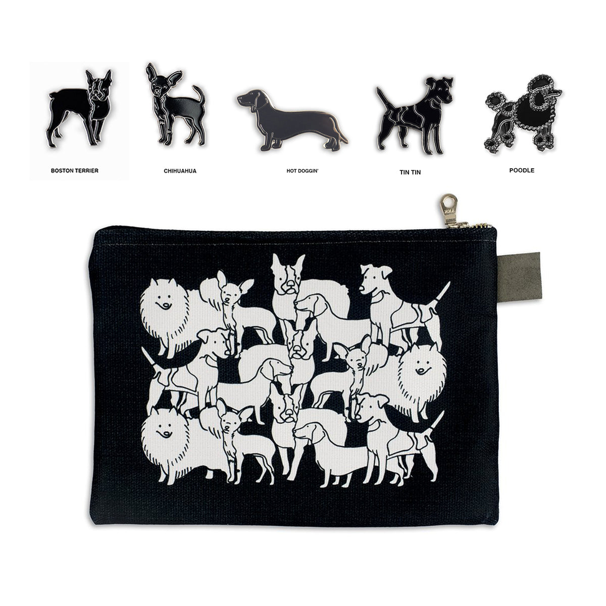 black zip case with various illustrations of different dog breeds mixed together in white and assorted dog enamel pins