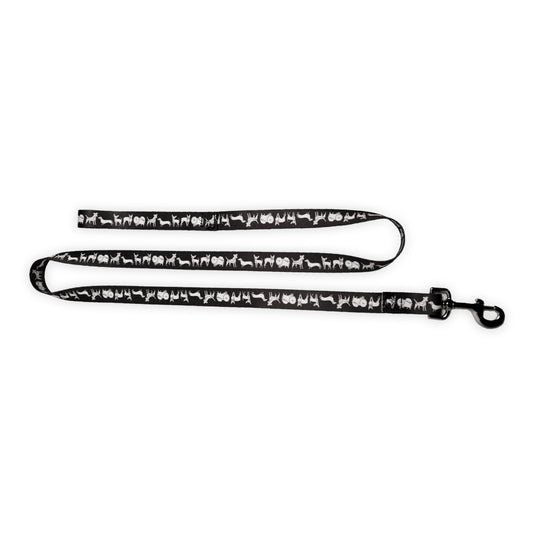 black dog leash with mixed dog illustration pattern in white