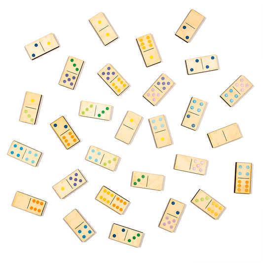 wooden dominoes with coloured dots in shades of orange, yellow, green and blue