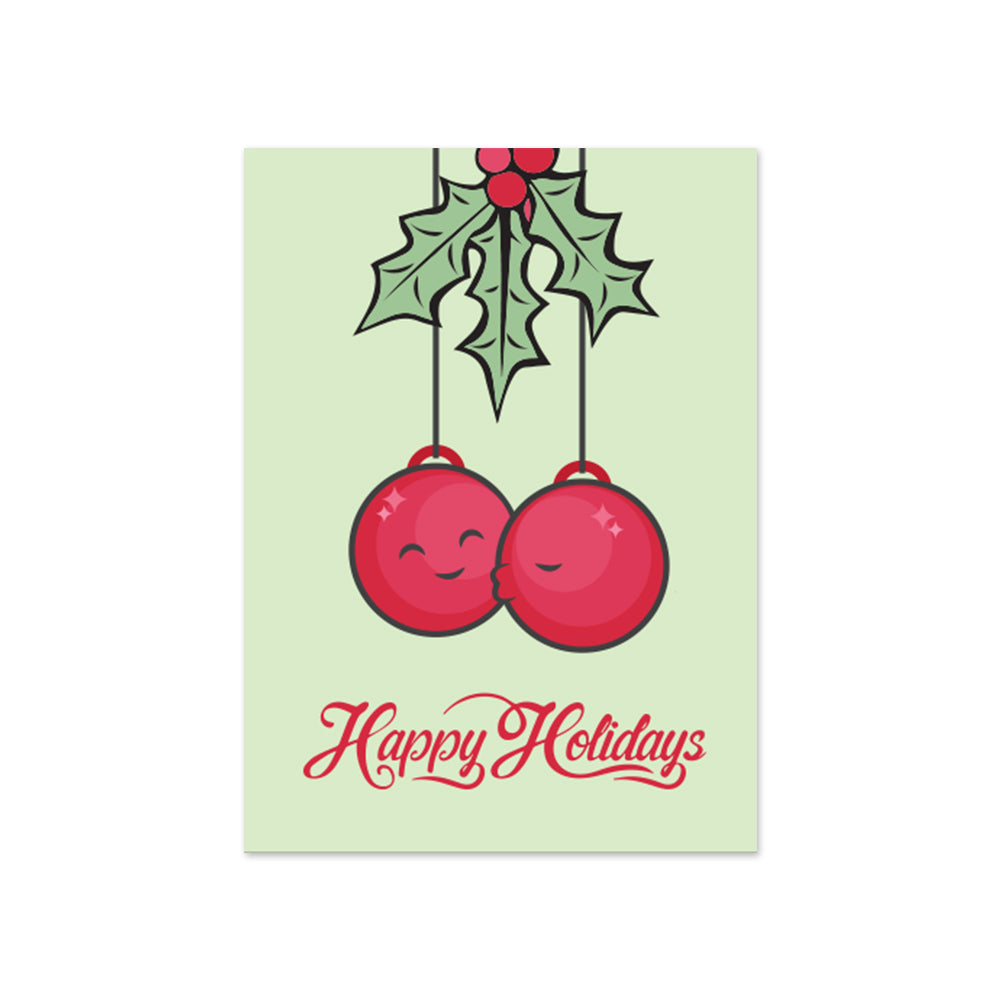 student designed holiday greeting card with red happy holidays text and cute mistletoe illustration