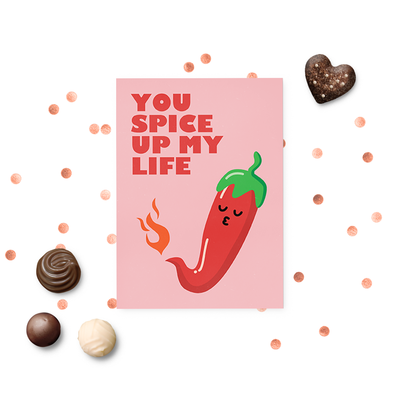 Image of flaming hot pepper with text reading "you spice up my life"