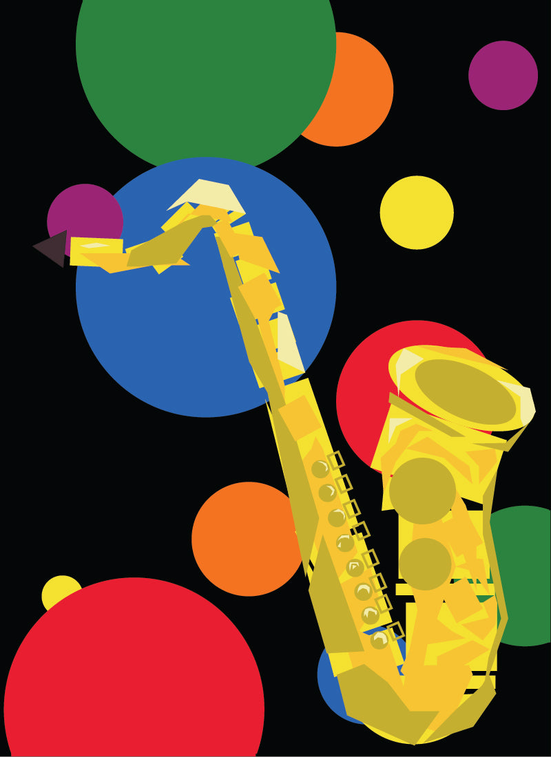 18 x 24" black poster with 1" white border with large illustration of a yellow saxophone with multi coloured dots in the background in different sizes